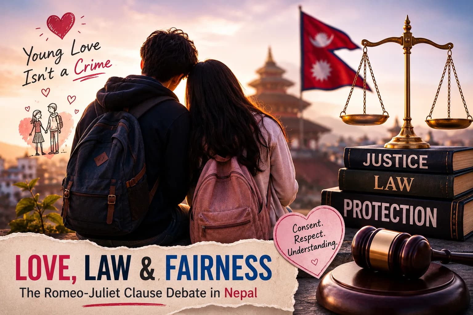 Should two teenagers in a consensual relationship be treated the same as a sexual predator? This illustration highlights Nepal's growing debate over the proposed Romeo-Juliet Clause and the future of its r@pe laws.