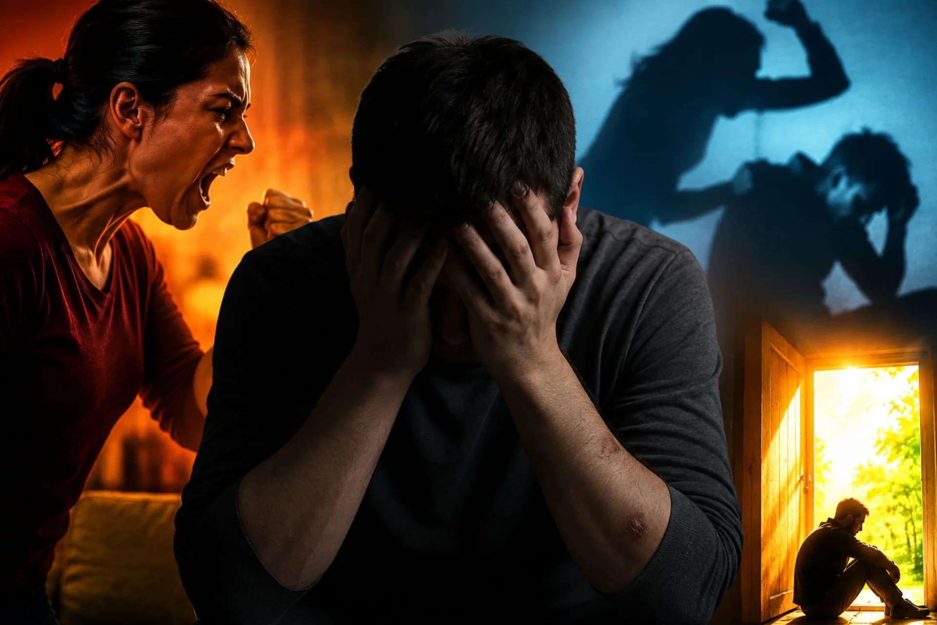 The image shows a man silently suffering from domestic abuse, highlighting that victims can be men too.