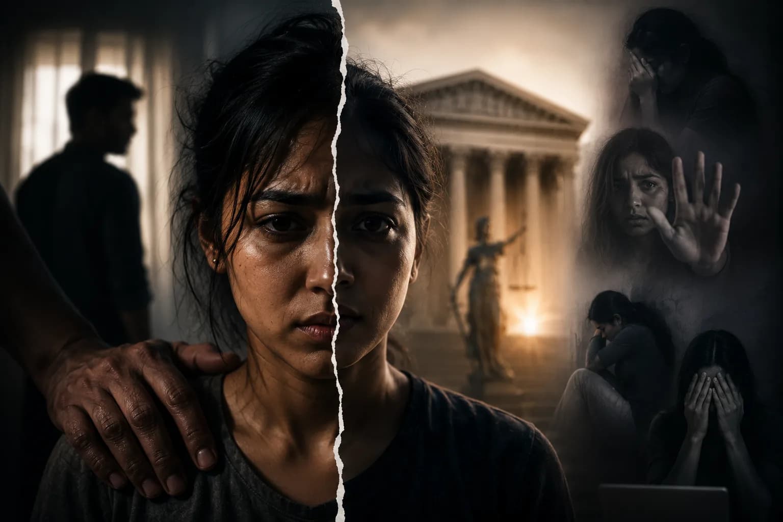 A woman stands in silence as fear, trauma, and the pursuit of justice surround her.