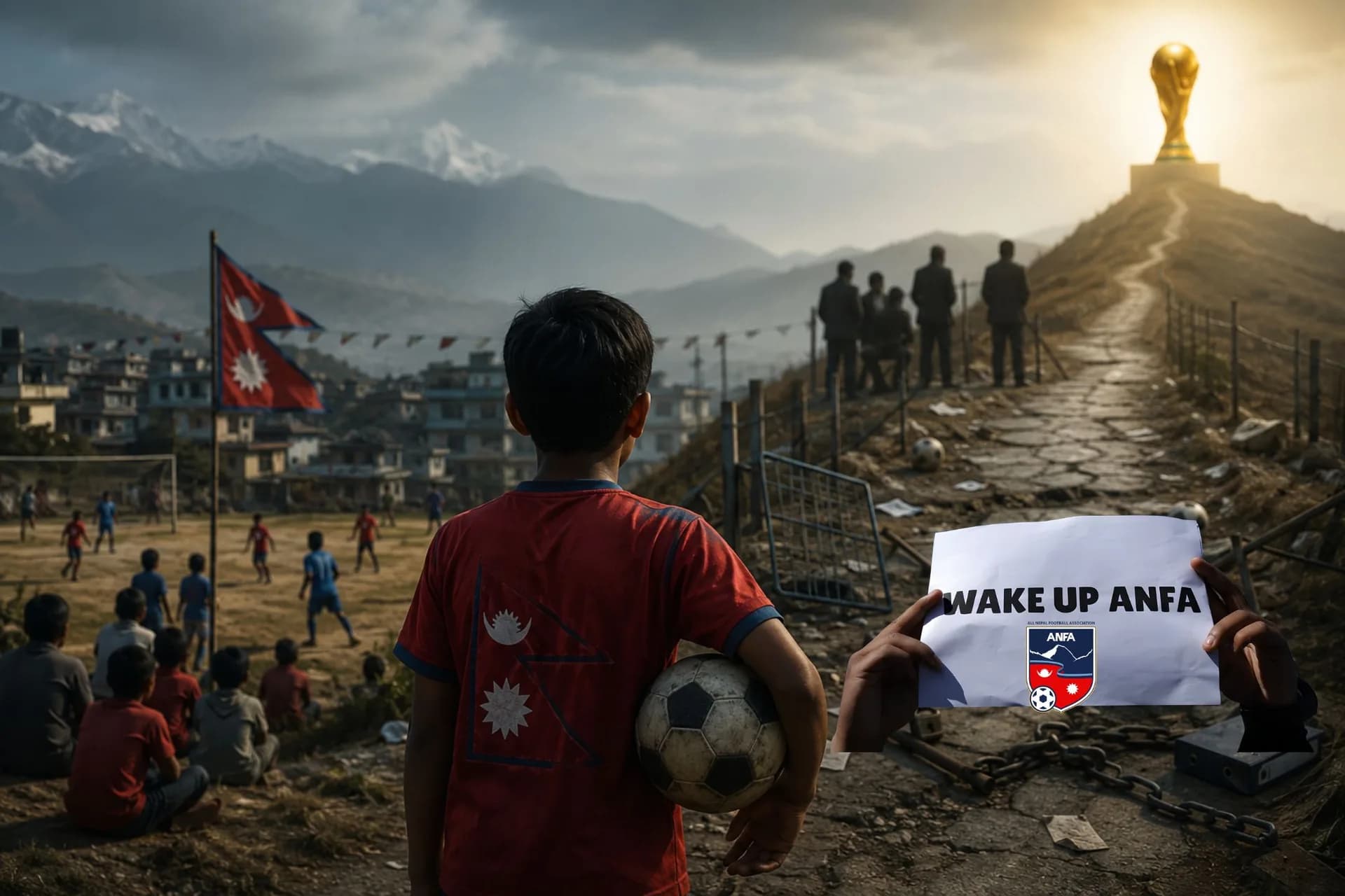 A young Nepali football fan watches the distant FIFA World Cup trophy, symbolizing a nation's passion for the game and its long, uncertain journey toward football's biggest stage.