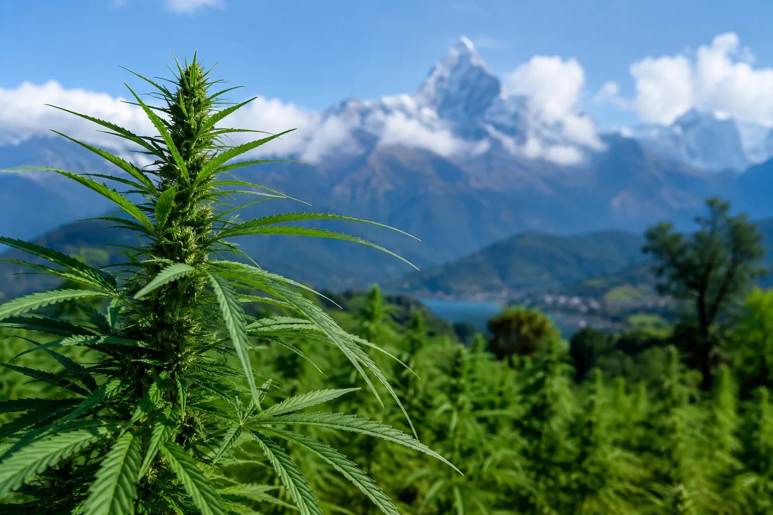Cannabis plants growing in a cultivated field in Gandaki Province, Nepal, following the province's legalization of medicinal and industrial cannabis farming.