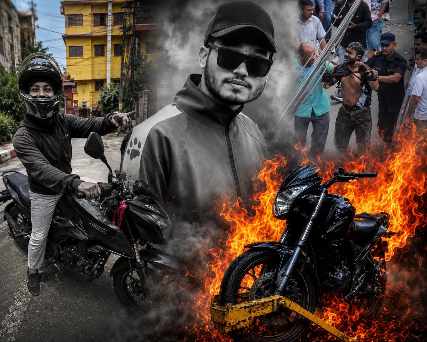 A news illustration showing ride sharing driver Ganesh Nepali, the location near Kathmandu's Department of Passports where the incident took place, and a motorcycle with a wheel lock surrounded by flames, representing the tragic self immolation case that is under police investigation.