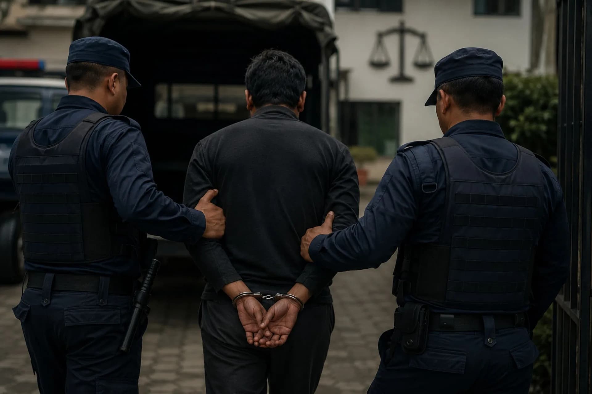 Police escort a handcuffed suspect during an arrest, highlighting the legal procedures and rights guaranteed to every detainee.