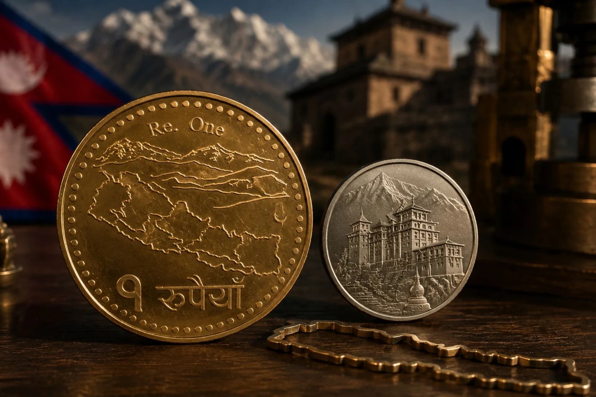 The image represents Nepal’s current map bearing Re. 1 coin, its proposed monastery based redesign, and the wider debate over cost, heritage and national symbolism.