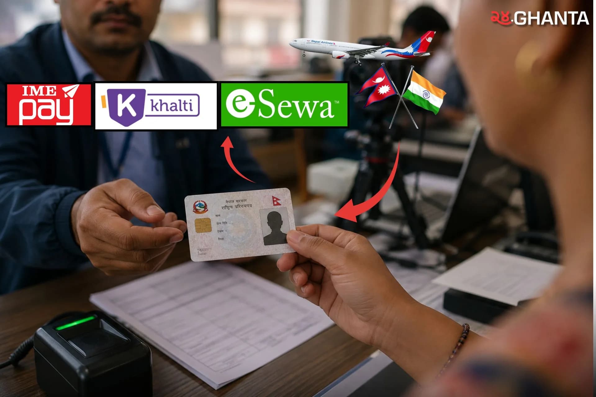 A National Identity Card being used for identity verification alongside digital wallets and proposed travel services.