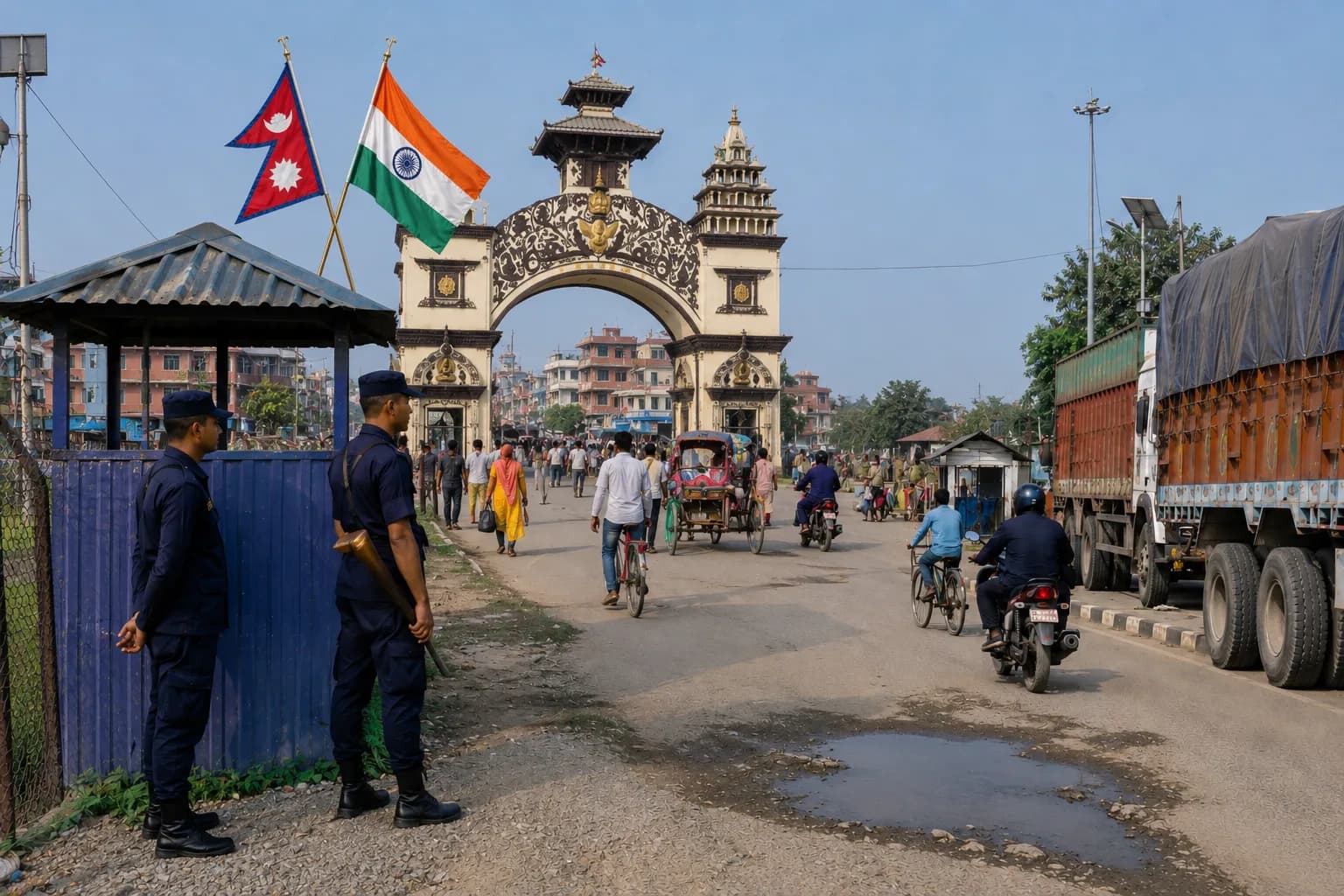 A busy Nepal India border crossing shows large crowds, buses, trucks, and other vehicles moving between the two countries under visible border gates and security supervision.