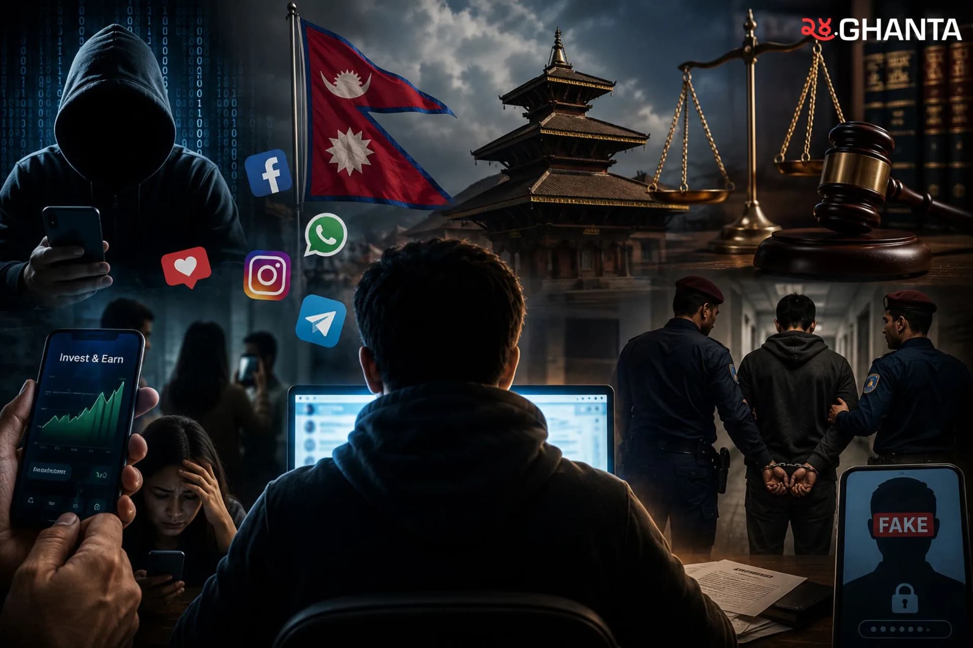 The image shows how social media misuse, online scams, privacy violations, and hacking can lead to police investigations and legal consequences in Nepal